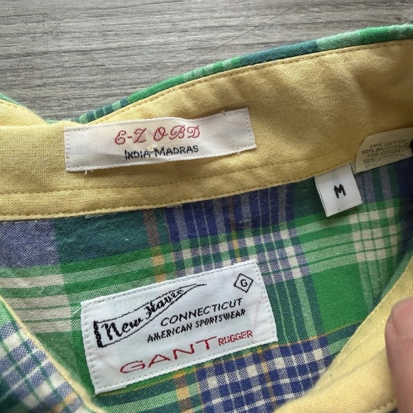 VTG 70s Gant India Madras Plaid Multicolor Button Up Shirt Large EZ Rare Medium - Picture 2 of 9